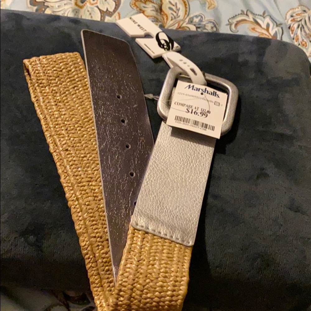 Silver and straw stretch belt